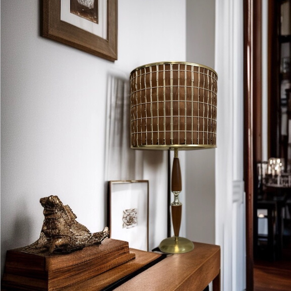 Vintage 1950’s MCM Lamp With Danish Style Wood Slat Shade